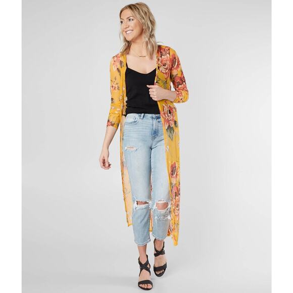 DAYTRIP Floral Print Duster Kimono Yellow Multicolor Mesh Casual Women's M - Picture 3 of 13